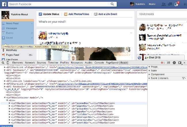 FacebookをReact debuggerで見るとVirtualDOMを見ることができます